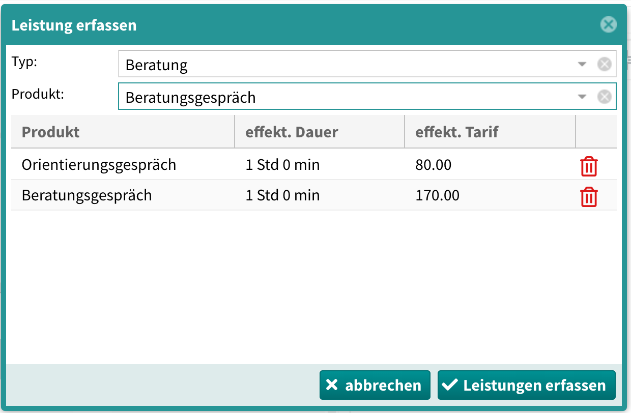 Termin-Leistungen erfassen