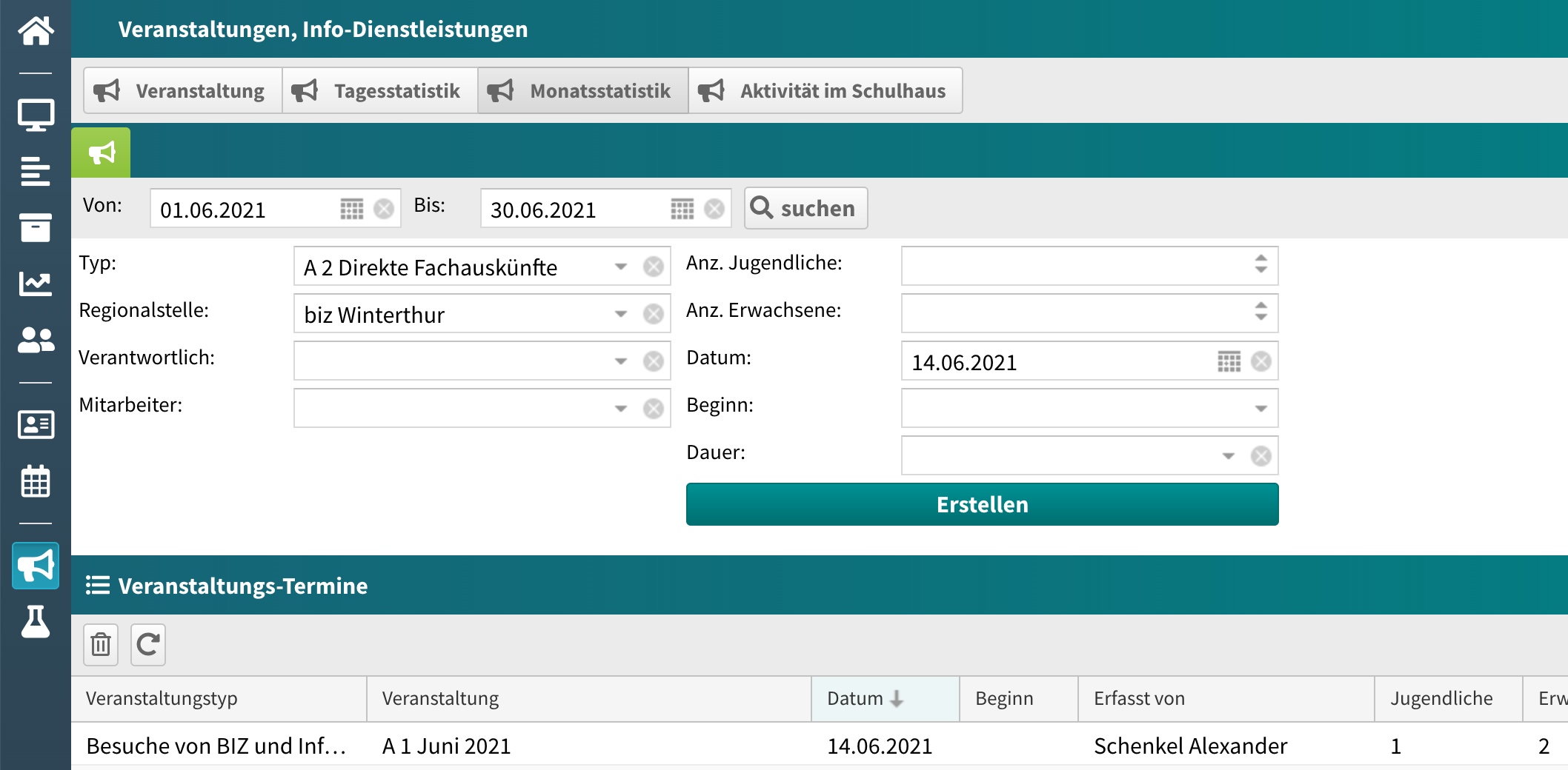 Veranstaltungs-Modul Monatsstatistik