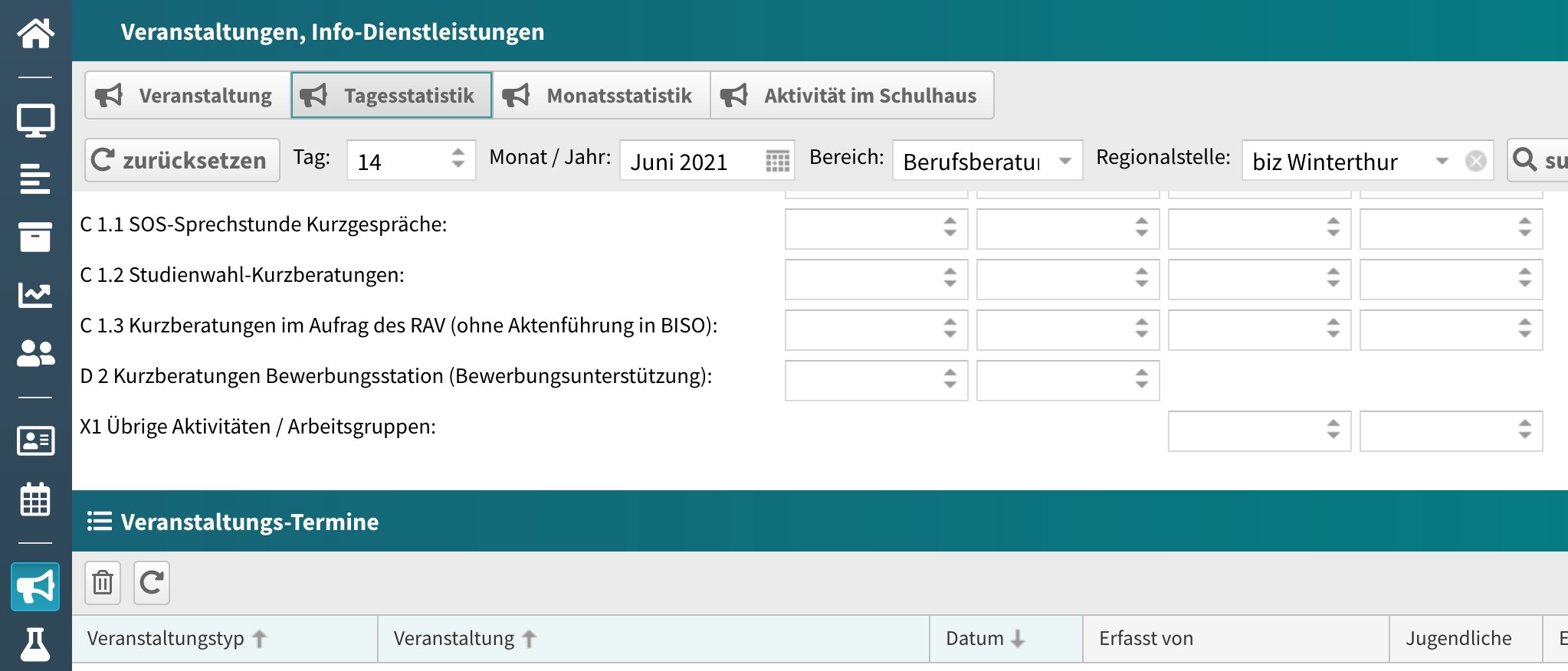 Veranstaltungs-Modul Tagesstatistik